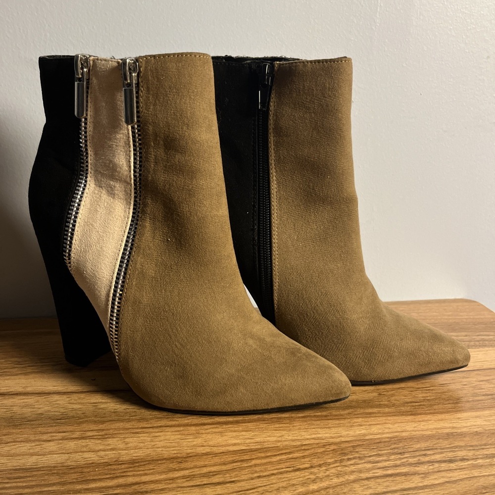 Justfab Remi Ankle Boots Size 6.5 Black Tan Colorblock Faux Suede Heeled Booties